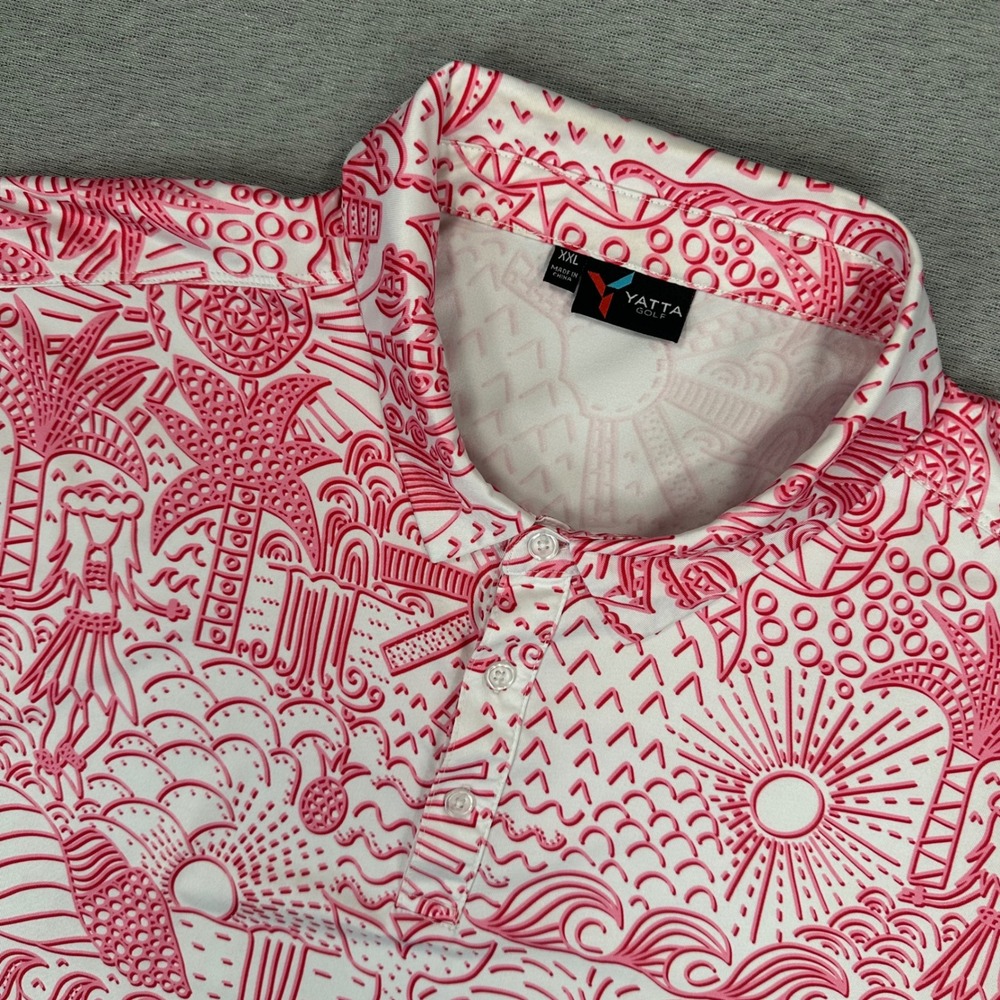 Yatta Golf Polo Shirt Mens XXL Pink White Hawaiian Tribal Tropical Performance